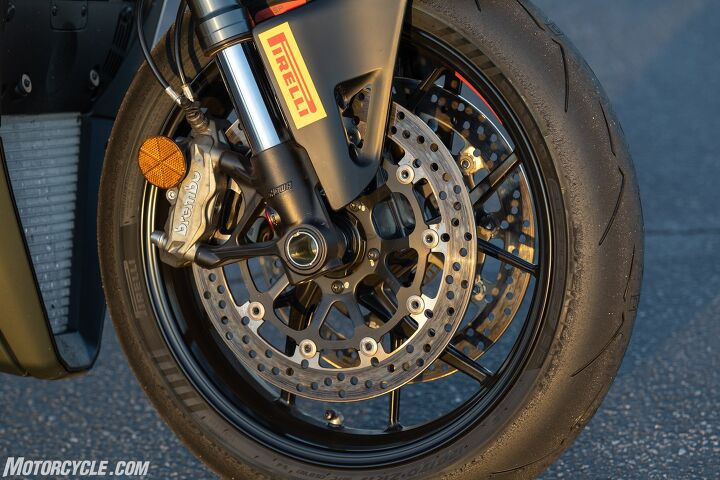 No Stylema’s here. Brembo’s lower-spec M4.32 calipers may not have the cache as its fancier sibling, but it’s still a solid choice to bring a bike down to a halt. Note also the Showa Big Piston Fork and the huge radiator that’s partially cropped from this photo.