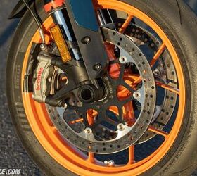 What a difference a set of pads can make. The KTM and Triumph have basically the same brake components, but the Duke’s pad choice is far more aggressive. We happen to like that, but others may not want such a powerful initial bite. 