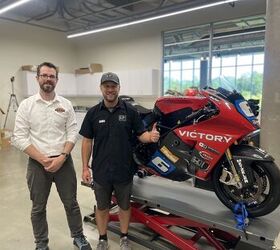 Two Brians don’t make a right... Brian Case (left), Barber Executive Director and Brian Wismann (right), Lightfighter Racing founder next to the Victory Racing TT Zero bike ridden by William Dunlop to 2nd in the 2016 Isle of Man TT Zero race. The bike is being used to showcase full bike 3D scanning capabilities in Barber’s impressive Advanced Design Center. Photo: Brian Wismann