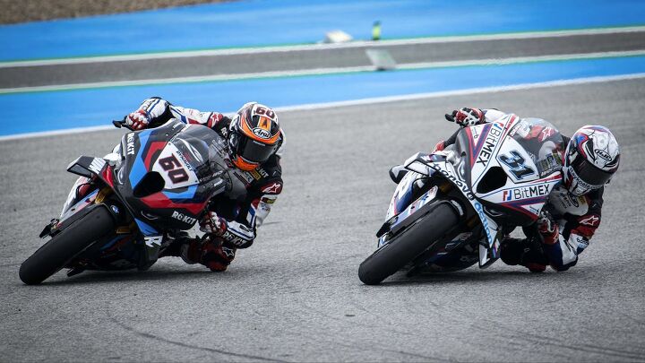American Garrett Gerloff (#31) was the highest finishing BMW rider in the 2023 season, finishing 12th overall, ahead of factory riders Scott Redding (not pictured) and Michael van der Mark (#60).