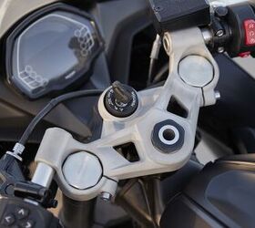 Here we can see that the top triple clamp incorporates the mount for the bars. While this will be more relaxing than, say, a Yamaha R7, we can’t help but wonder what the aftermarket will come up with for folks who want to track the Daytona.