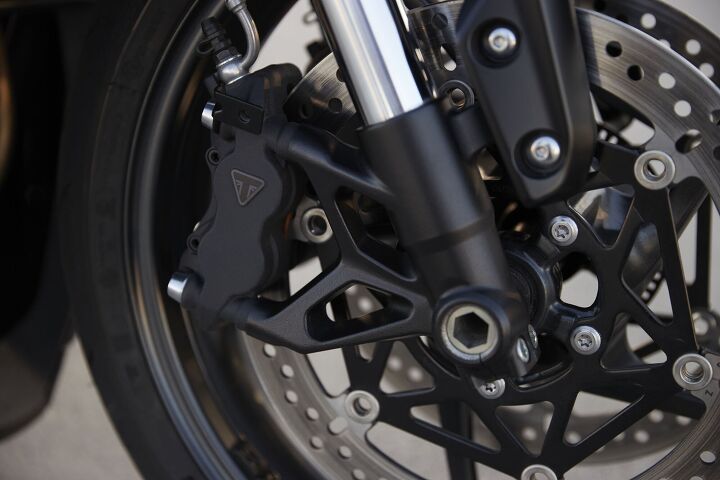 Triumph-branded four-pot radial calipers are likely sourced from J.Juan, but that’s not a bad thing.