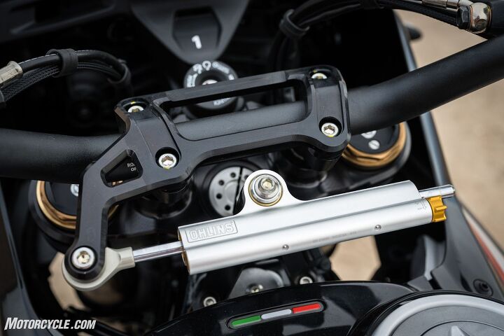 The Öhlins steering damper offers 18 clicks of adjustment.