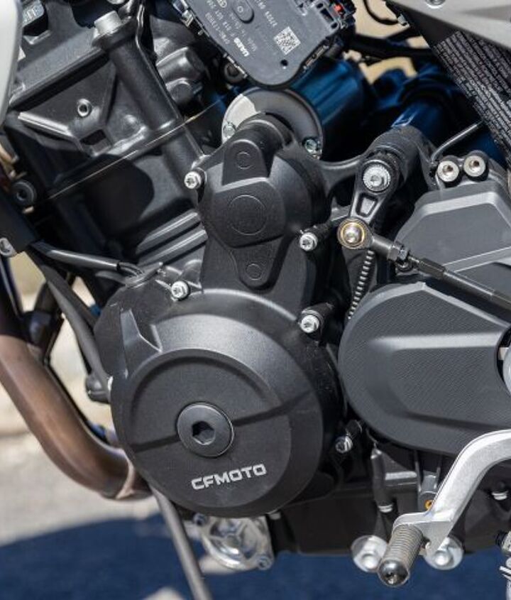 The 800 parallel-Twin is a favorite of ours, and though we’re used to seeing KTM stamped on the case, the CFMOTO version is equally as playful. There’s no quickshifter on this one, but I don’t see why you couldn’t put one on from the Team Orange catalog.