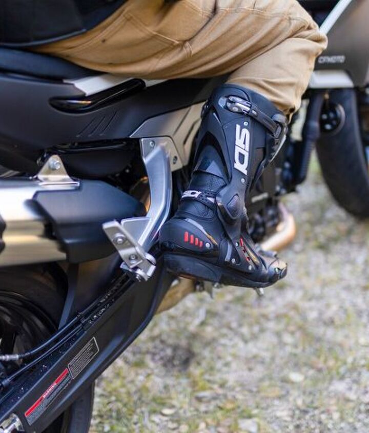 Because the right passenger peg bracket has to clear the exhaust canister, the offending bracket extends just far enough to get hit by my boot, moving it out to an awkward angle. The passenger peg bracket isn’t an issue on the other side.