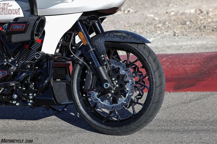 With twin 320mm wave rotors clamped by Brembo M4.32 four-pot radial calipers, we’re talking sportbike levels of braking. Granted, it’s also stopping twice the weight. Unlike a sportbike, however, the rear brake is actually a useful tool in stopping. This one gets a single 300mm rotor in the back with a four-piston Brembo caliper.