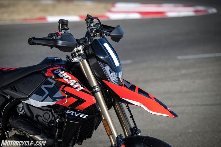 Ducati teamed up with Marzocchi for the fork and Sachs for the shock. While they provide a comfortable ride for the street, they’re a little too soft for serious track work – especially so if you also take your supermoto in the dirt. The big, wide bars let you flick the bike easily, knee down or foot out, and are adjustable to different positions. The 3-gallon fuel tank in its traditional spot places more weight over the front compared to the KTM.