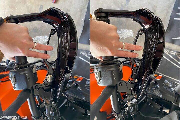 Side by Side comparison of the stock lever (left) adjusted all the way in, and the PowerParts Folding Lever adjusted all the way in.