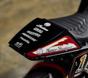 The pillion seat cowl comes with Super Hooligan graphics and the logos of race team sponsors.