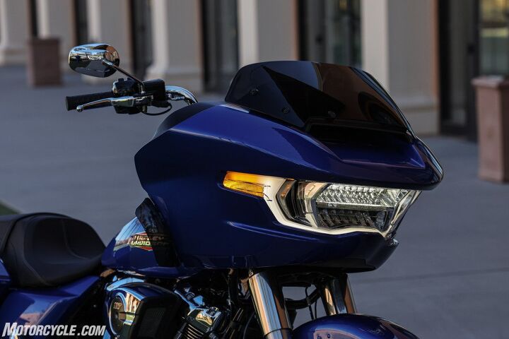 The Road Glide has always taken advantage of its frame-mounted fairing to plug a huge headlight, but this latest version takes the cake for most intimidating and/or futuristic.