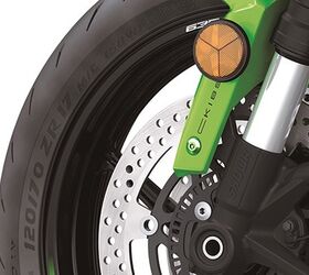 The Kawasaki ZX-6R comes with a 120/20 ZR 17 M/C (58W) front tire. This tells us the tire is 120 mm wide, with a 20% aspect ratio. High performance tires are marked with a "ZR". The "58W" indicates a maximum weight load of 520 pounds and a top speed of 168 mph.