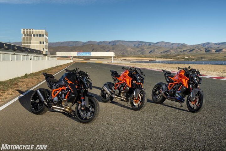 The 1390 Super Duke family includes the R version on the left and the EVO in the middle, which is the only version we’re getting in the US. The main difference being the electronic suspension on the EVO models. The SDR on the right is kitted out with a ton of goodies from the KTM PowerParts catalog.