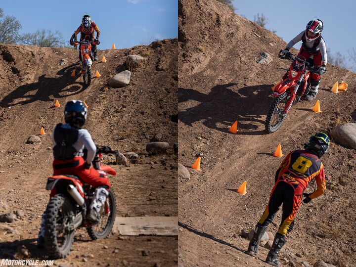 Left: Destry doing a quick demonstration for Kyra on a steep downhill to practice body position. Right:  Kyra making a feigned attempt at looking cool like Destry.