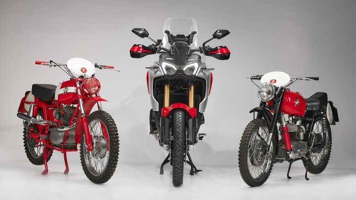 The Elefant isn’t the only historic MV off-road model. The Enduro Veloce is flanked here by the 150 Regolarità of the ‘50s on the right and the 125 Regolarità from the ‘60s on the left.