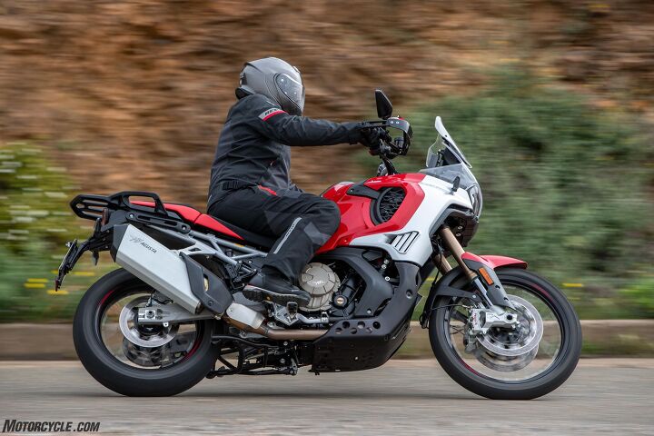The first thing to touch down on the left side when hustling the Enduro Veloce through a set of corners will be the kickstand foot, which is somewhat large and easy to access, but of course there will be trade-offs for that convenience and functionality.