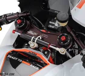 Adjustability is everywhere on the RC8c, including the hash marks on the bars to indicate how far or how close the bars are. More marks are located on the triple clamp, above the fork stanchions, to denote the angle of the bars as well. Note the GPS unit beneath the AiM dash to collect lap times.