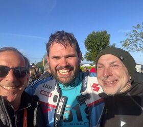 In the paddock, moments after placing 8th in the Senior TT, the effervescent Northern Irishman Shaun Anderson with the author and fellow traveler John Santapietro.