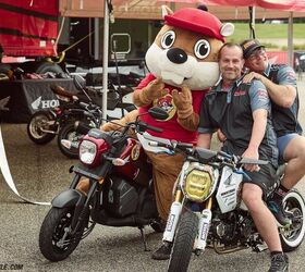 Of course, Buc-ee needs no introduction, but next to the beaver is two out of three of the MNNTHBX founders and Small Bore organizers, Greg Hatcher and Kevin Estep, two-up on a custom Grom they prepped for the event.