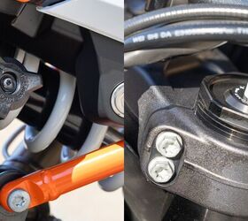 The adjustable suspension is highlighted by the easy-to-reach preload adjuster for the shock (left) and the knobs atop the fork.