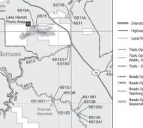 On this map we can see that 6S13 is a “Road Open to Highway Legal Vehicles Only” and it is also seasonal. This road connects to two other trails, which also have the same designation.