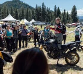 Hailey Arnold from REV’IT! leads a riders meeting for women riders at the Touratech Rally West, just one of the many small groups that met throughout the day, aiming to bring together new riders from any experience level. Photo by Joe Jackson courtesy of REVIT! Sport USA