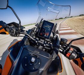 Though the V80’s form factor reminds us of tablets, the dimensions actually draw inspiration from the navigation road books from KTM’s rally racing machines. It is pictured here on the 2025 1390 Super Adventure S EVO, which will be announced Oct. 22.