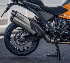 To help meet Euro5+ regulations, many motorcycles have a pre-silencer under the engine, allowing for a smaller end pipe that isn't so ungainly. KTM chose not to do that with the Super Adventure S and instead fit a single giant (and ugly) exhaust pipe to meet the regs. This is partially to reduce the hit on your wallet since a pre-silencer under the engine would be more susceptible to damage during off-road riding.