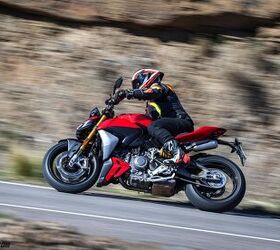 Ergonomically, the Streetfighter is fairly neutral. The rider sits slightly canted forward to the wide handlebar, while the reach to the footpegs should be comfortable for all but the longest of legged. The grippy pseudo-suede seat feels a touch tall at 33 inches, but it’s a comfortable place to be perched. 