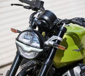 All around LED lighting is standard fare for the V7 Sport. Also, note the more robust triple trees assembly that go hand-in-hand with the USD fork.