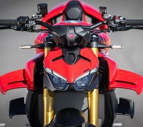 Ducati says the Streetfighter V4’s “biplane” wings generate 99 pounds of downforce at 168 mph.