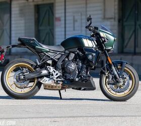 One look at the GS1000S (top), and its influence on the GSX-8TT is easy to see. Besides the headlight cowl and discreet bellypan, there’s also a reshaped fuel tank, a different seat, black engine covers, and a stainless tip to the exhaust. The matte green paint and gold wheels help set it apart from the GSX-8S and 8R, too. Or you can get it in Glass Sparkle Black. One thing you can’t see is the Eliiy Power lithium-ion battery. Both the T and TT get it, but the 8S and 8R don’t. 