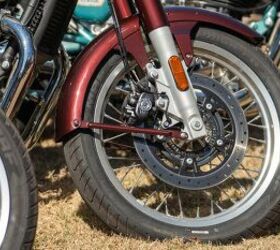 Royal Enfield-branded Bybre brakes help slow this cruiser down, but it could probably use a second disc and caliper to slow this hefty bike down.