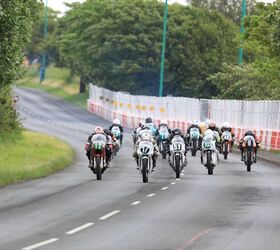 Mass starts at the Pre-TT Classic make for an exciting first corner. Photo by Southern 100 Press/CJS Photography/Callum Staley.