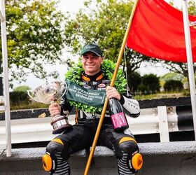 Jamie Williams celebrates his victory in the 2025 Supersport Manx Grand Prix. Photo by Manx Grand Prix/Lucas Croydon/David Lovelady.