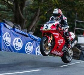 Michael Rutter at Ballaugh Bridge on the Honda Britain RC45 at the Classic TT." Photo by Isle of Man TT Races.