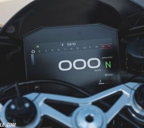 Despite its size, the giant 8-inch TFT touchscreen display doesn’t look out of place. It’s a wonderful screen to look at, nicely organized, and free from clutter. Track mode switches things up a little by minimizing the speedometer and placing the gear position indicator front and center, but is otherwise nearly as clean. 