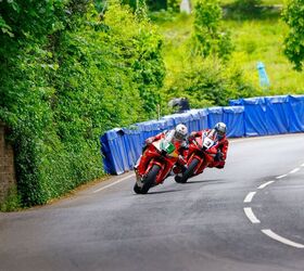 John McGuinness and Dean Harrison at Glen Helen, dicing at 130 in a very technical part of the course. Photo by Tracey’s Pictures IOM.